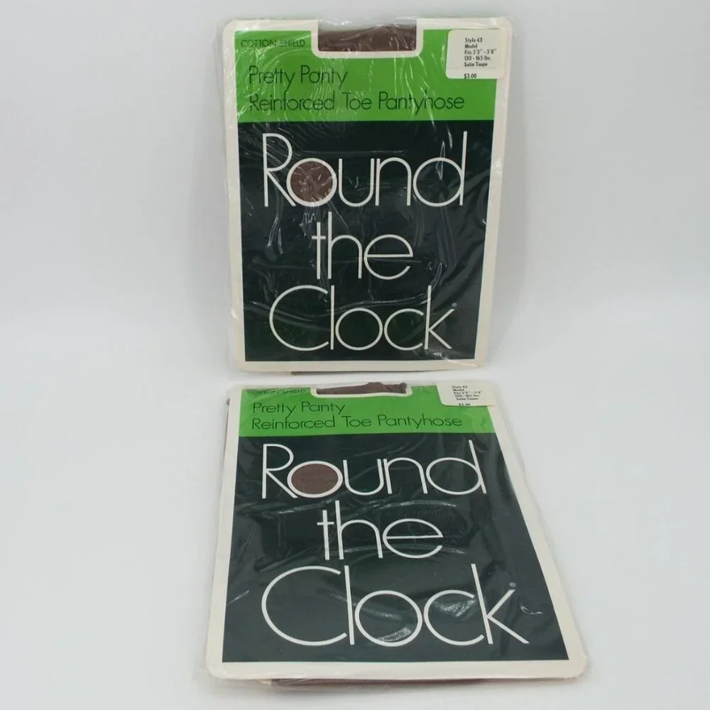 Vintage Pair Round the Clock Pretty Panty Satin Taupe Reinforced Toe Pantyhose